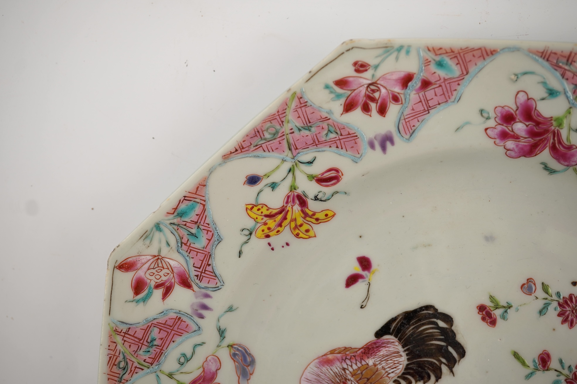 A Chinese famille rose ‘chickens’ octagonal plate, Qianlong period